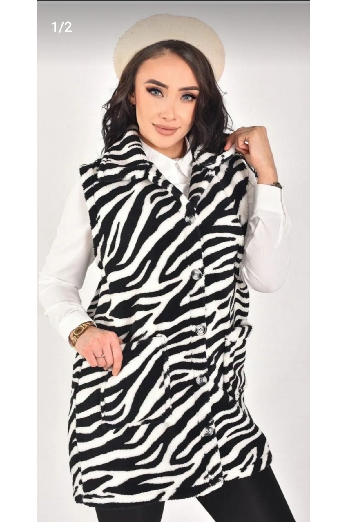 DHDmoda Zebra Desen Düğmeli Kürk Yelek