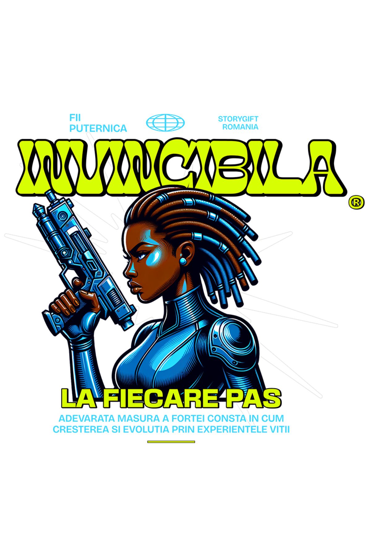 StoryGift Romania Sticker Adeziv 90cm Adeziv Fata Robot Cu Pistol Text Invincibila La Fiecare Pas Cu Margini Alb - One Size