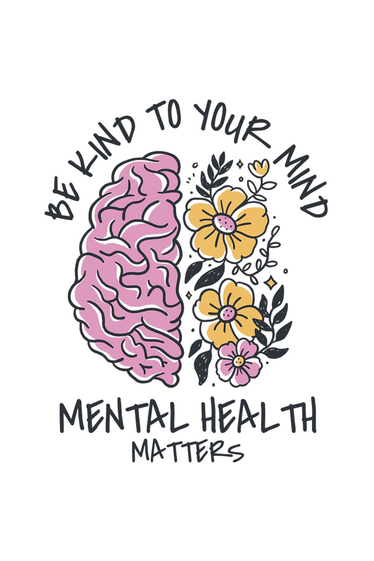 StoryGift Romania Sticker Autocolant 70cm Cu Mesajul Be Kind To Your Mind, Creier Langa Flori, Mental Health Mat - One Size