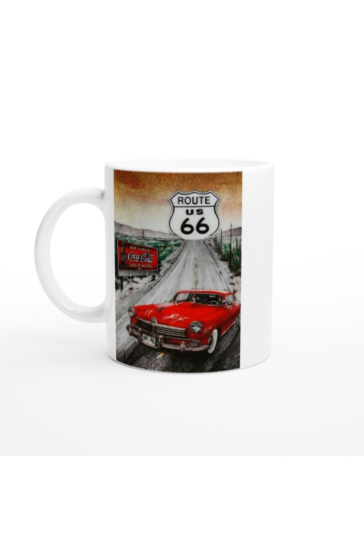 Wisdom Rain Route 66 Kırmızı Klasik Araba ve Coca Cola Temalı Kupa Bardak