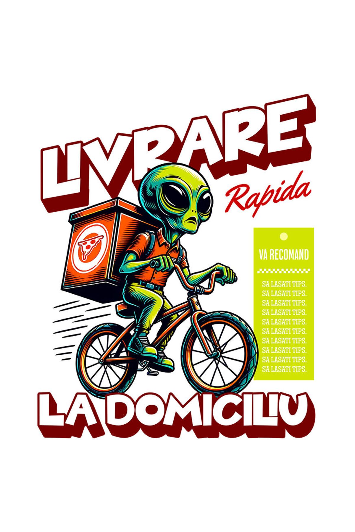 StoryGift Romania Sticker Autocolant 70cm Cu Extraterestru Curier Cu Bicicleta Si Cutii De Pizza Text Livrare La - One Size