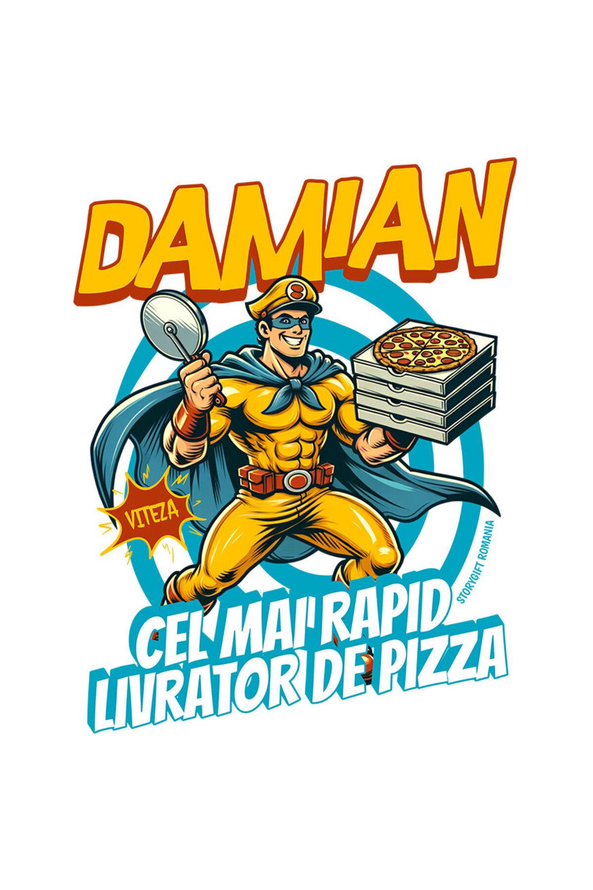StoryGift Romania Sticker Eticheta 40cm Cu Cuper Erou Barbat Cu Pelerina Cutii De Pizza Text Damian Cel Mai Rapi - One Size