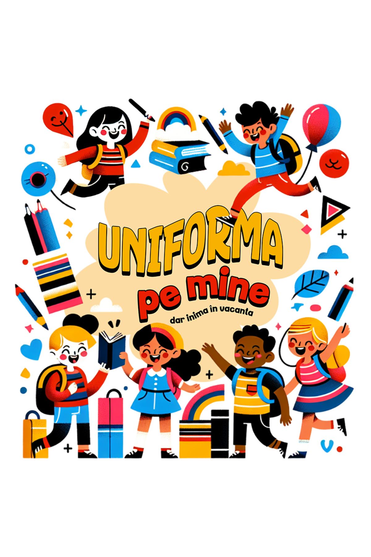 StoryGift Romania Sticker Eticheta 40cm Adeziv Uniforma Pe Mine Dar Inima In Vacanta, Copii Scoala Cu Margini Al - One Size