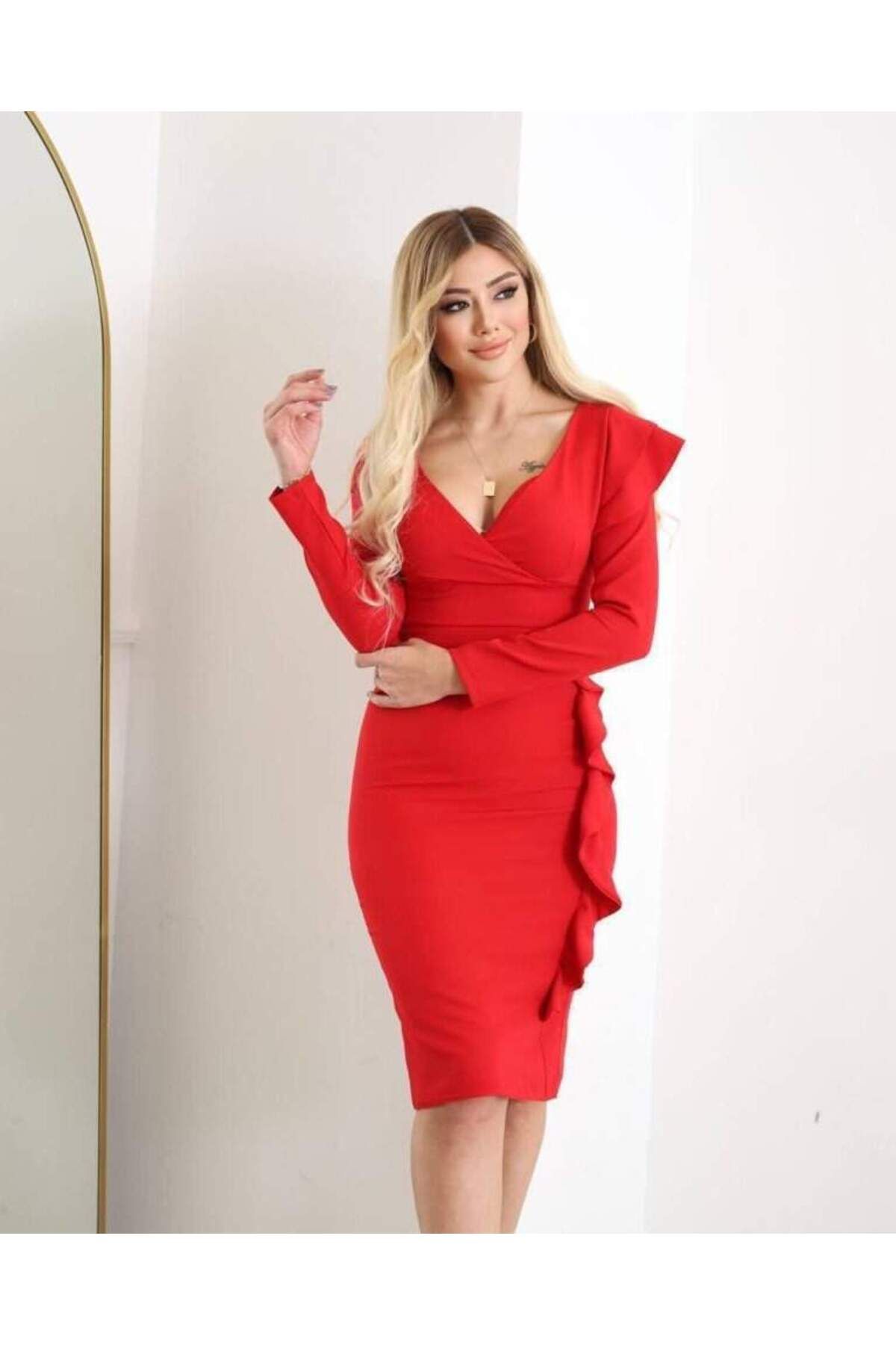 ANGELINO Kadın Kruvaze Yaka Volan Detay Midi Boy Fırsat ürün Elbise