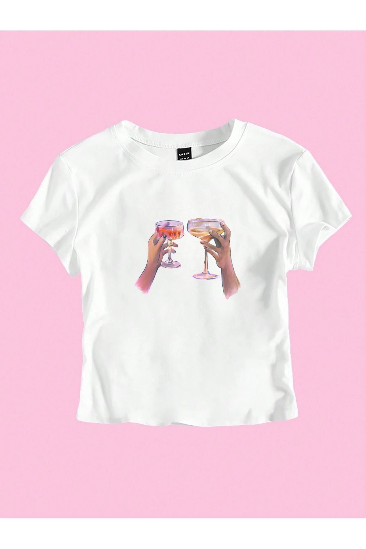PALPİTO Kadın Beyaz El kadeh Baskılı Bisiklet Yaka Dar Crop Tshirt