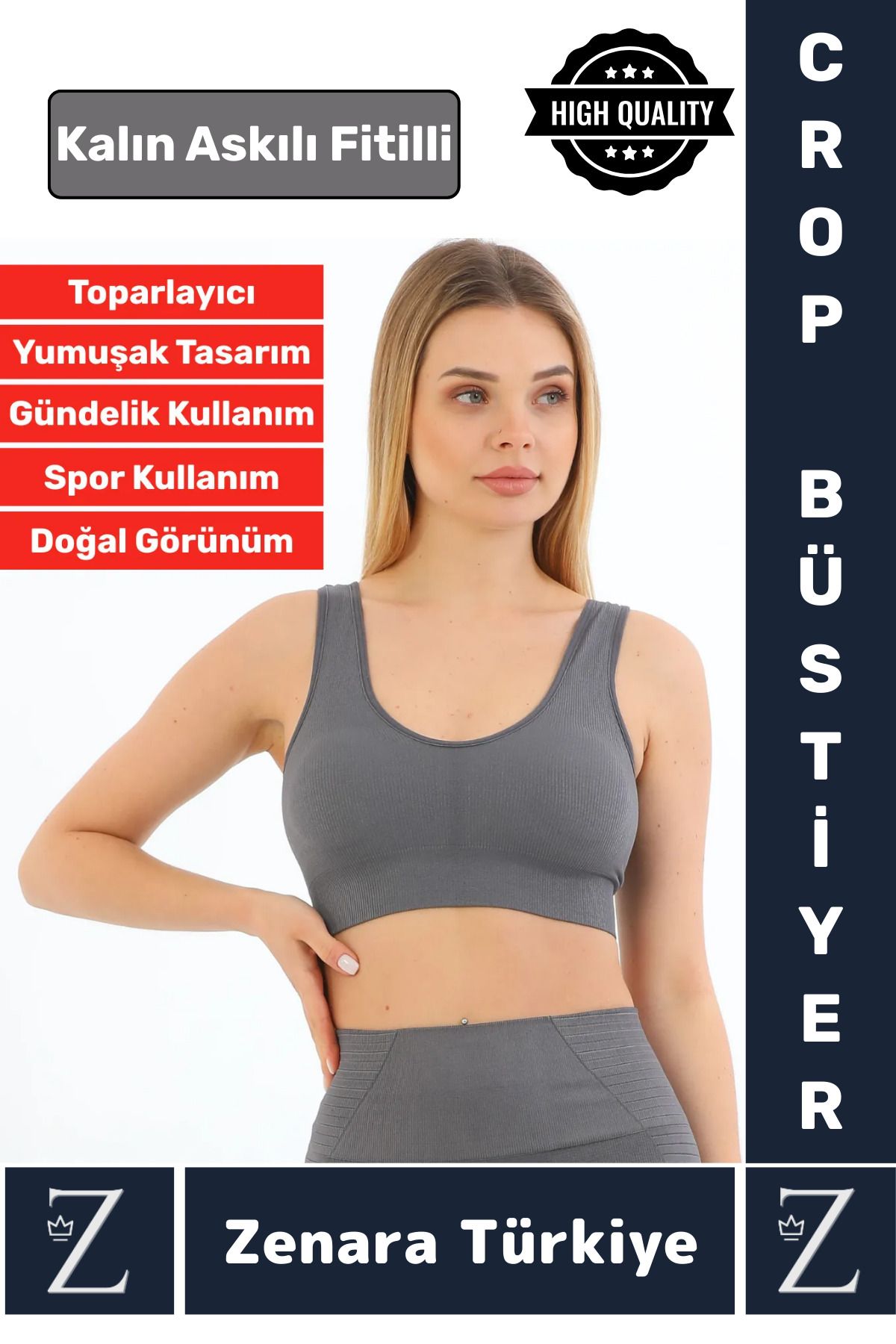 Zenara Özel Model Göğüs Toparlayan Sarkma Önleyen Gündelik Spor Kullanım Kalın Askılı Fitilli Crop Büstiyer