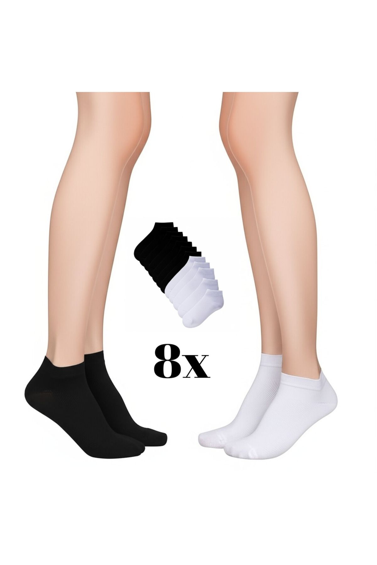 GLANZEND Unisex Siyah Ve Beyaz 8 Çift Pamuklu Basic Spor Çorap