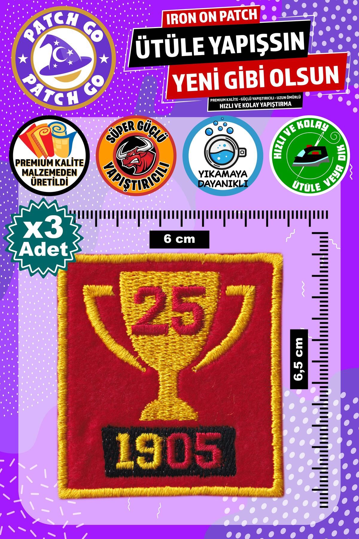 Patch Go Ütü ile Yapışan Arma, Şampiyon GS Kupa (3 Adet), Ütüyle Yapışan Nakış Dokuma Yama Patch