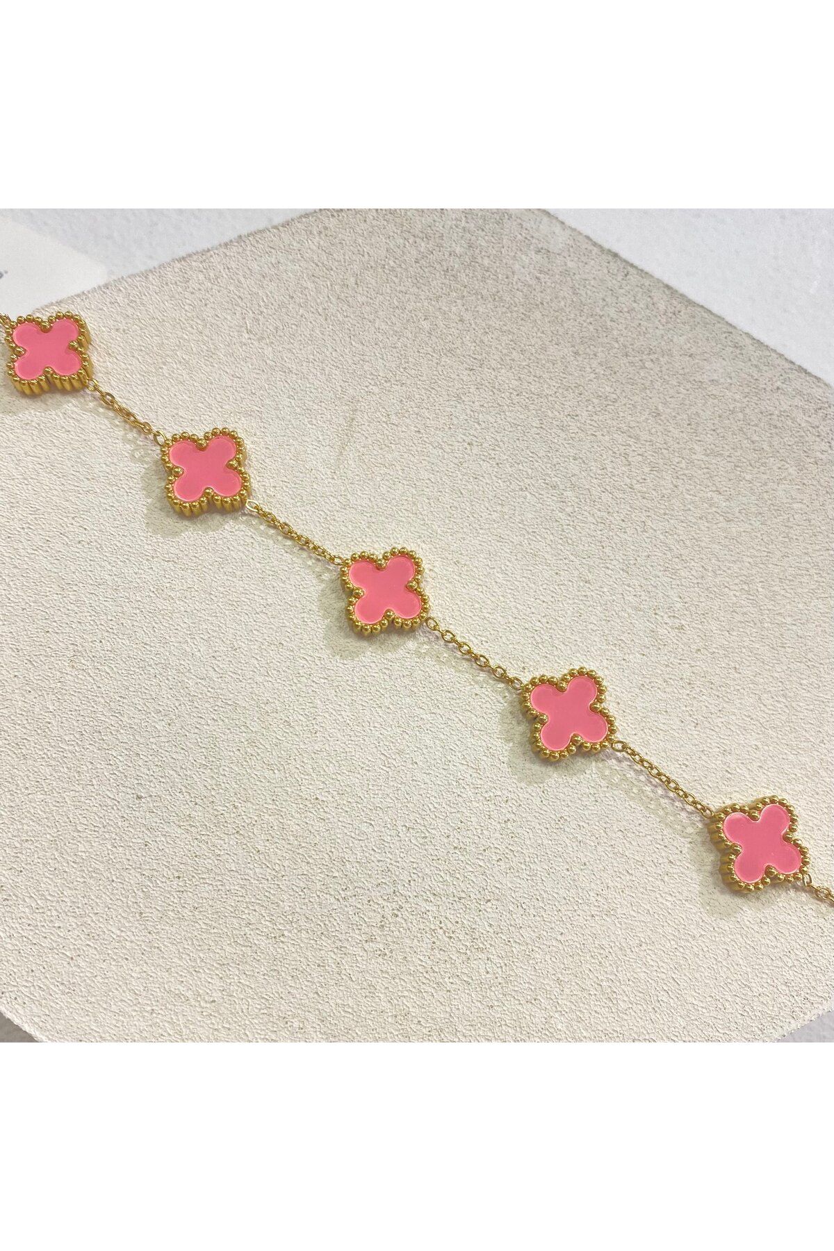 Orvix Accessories Gold Zincir Pembe Yonca Bileklik Yazlık Bileklik Abiye Bileklik Hediye Bileklik Bijuteri