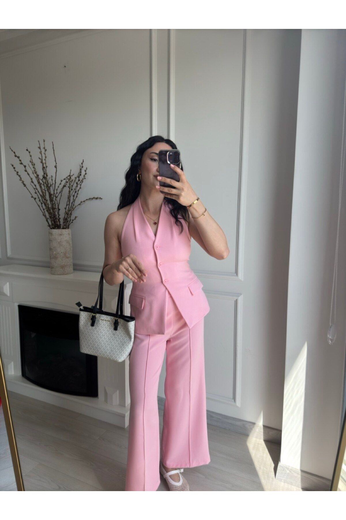 MSY KADIN PEMBE YELEK PANTALON TAKIM YELEKLI TAKIM PEMBE TAKIM