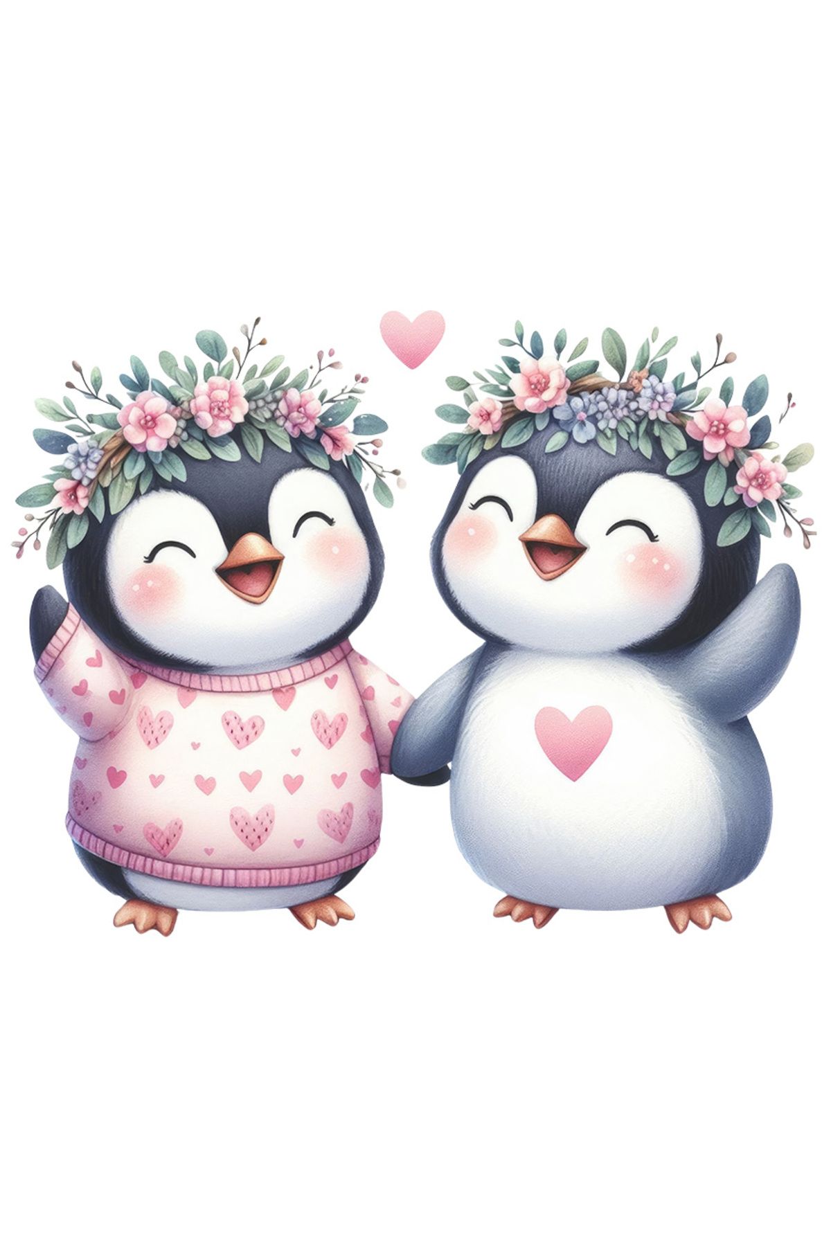 StoryGift Romania Sticker Adeziv 90cm Cu 2 Pinguini, Ilustratie, Veseli, Coronite Din Flori, Inimioare, Prieteni - One Size