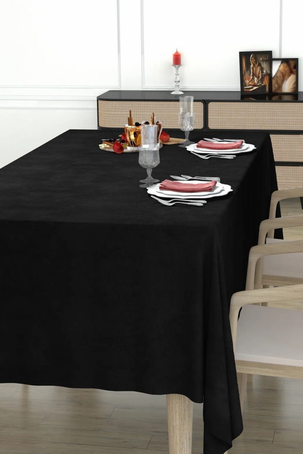 Navessa Home Collection Siyah Kadife Masa Örtüsü – HEDİYELİ, Yıkanabilir, Mutfak Masa Örtüsü, Yemek Masası Örtüsü