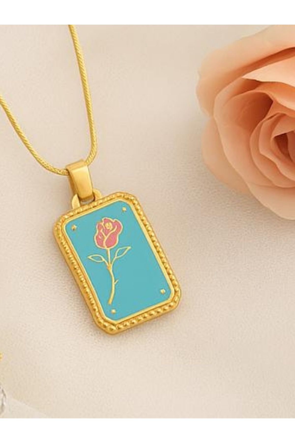 Monella 316L Çelik Gold Renk Mavi Mineli Tarot Kolye