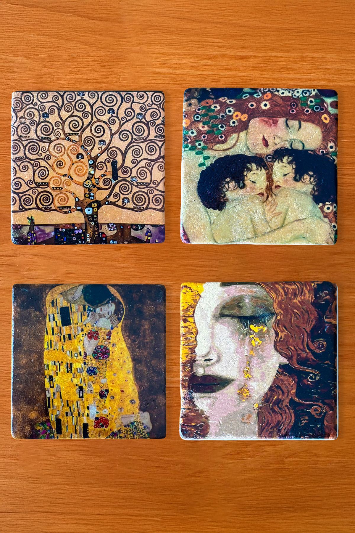 HİNA Bardak Altlığı, 4lü Doğal Taş Bardak Altlığı, Gustav Klimt Eserleri Baskılı 4'lü Set Bardak Altlığı