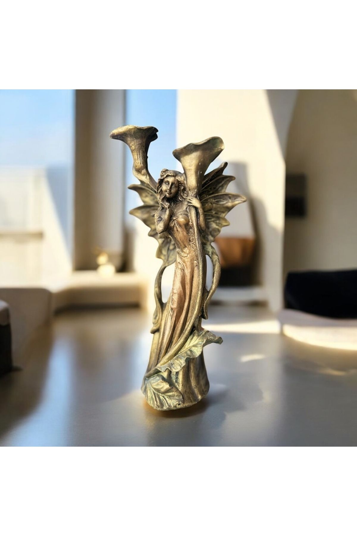 Baykuşca 2 Gözlü 35 cm Kadın Şamdan, Melek Kanatlı Mumluk, Dekoratif Heykel