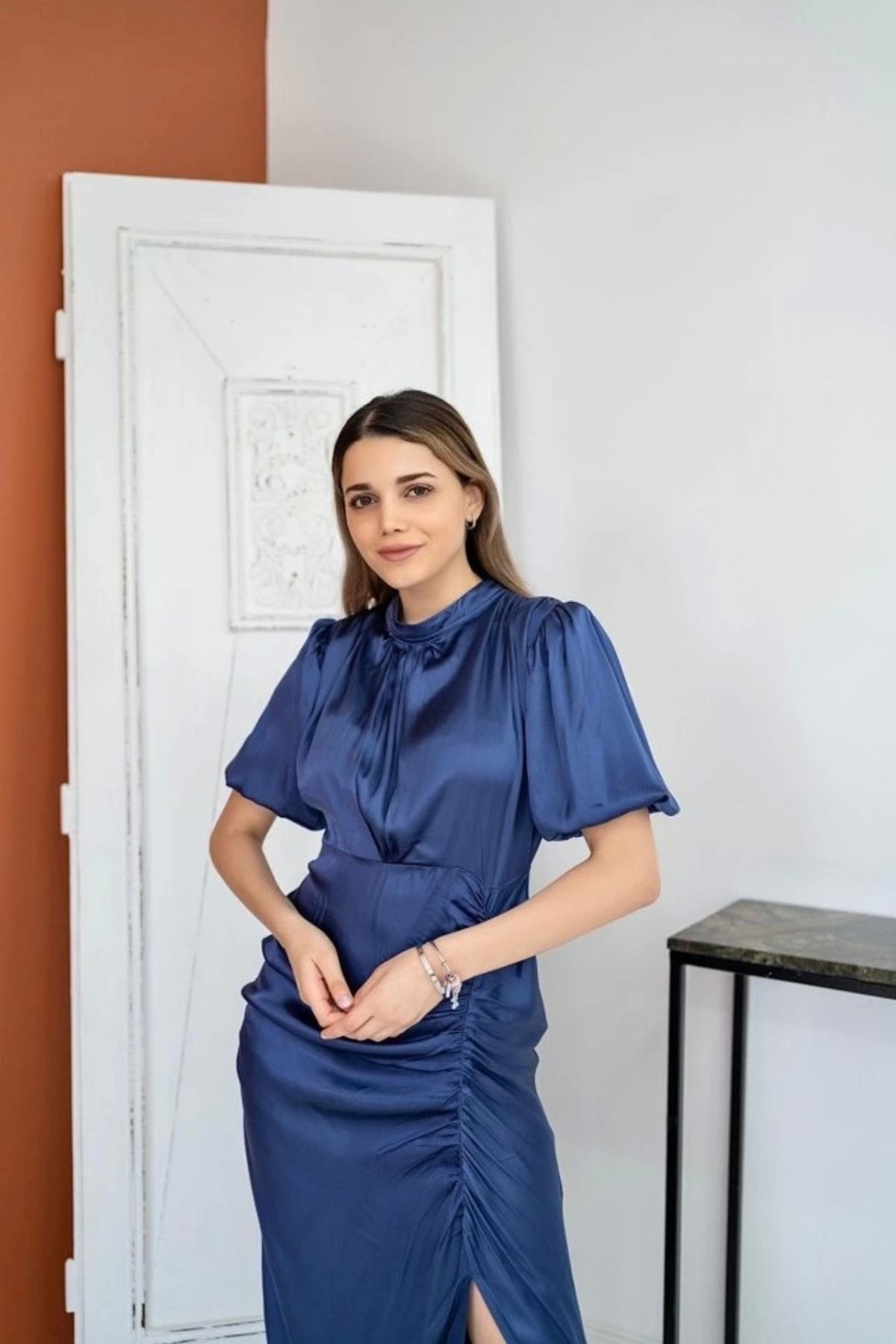 nedo7 İndigo Büzgülü Saten Elbise