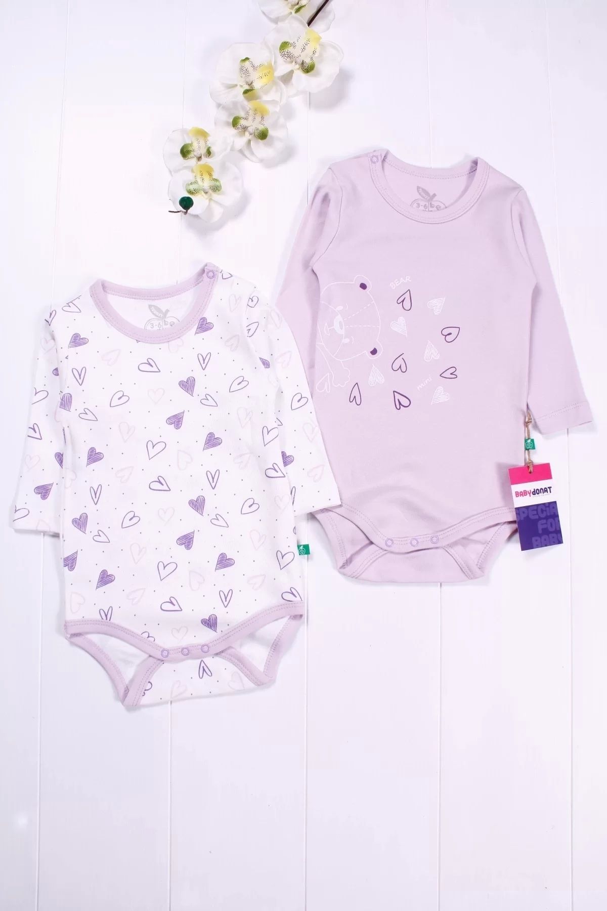 Moda Şahsenem Kalp Desenli Uzun Kol 2'li Kız Bebek Body Seti
