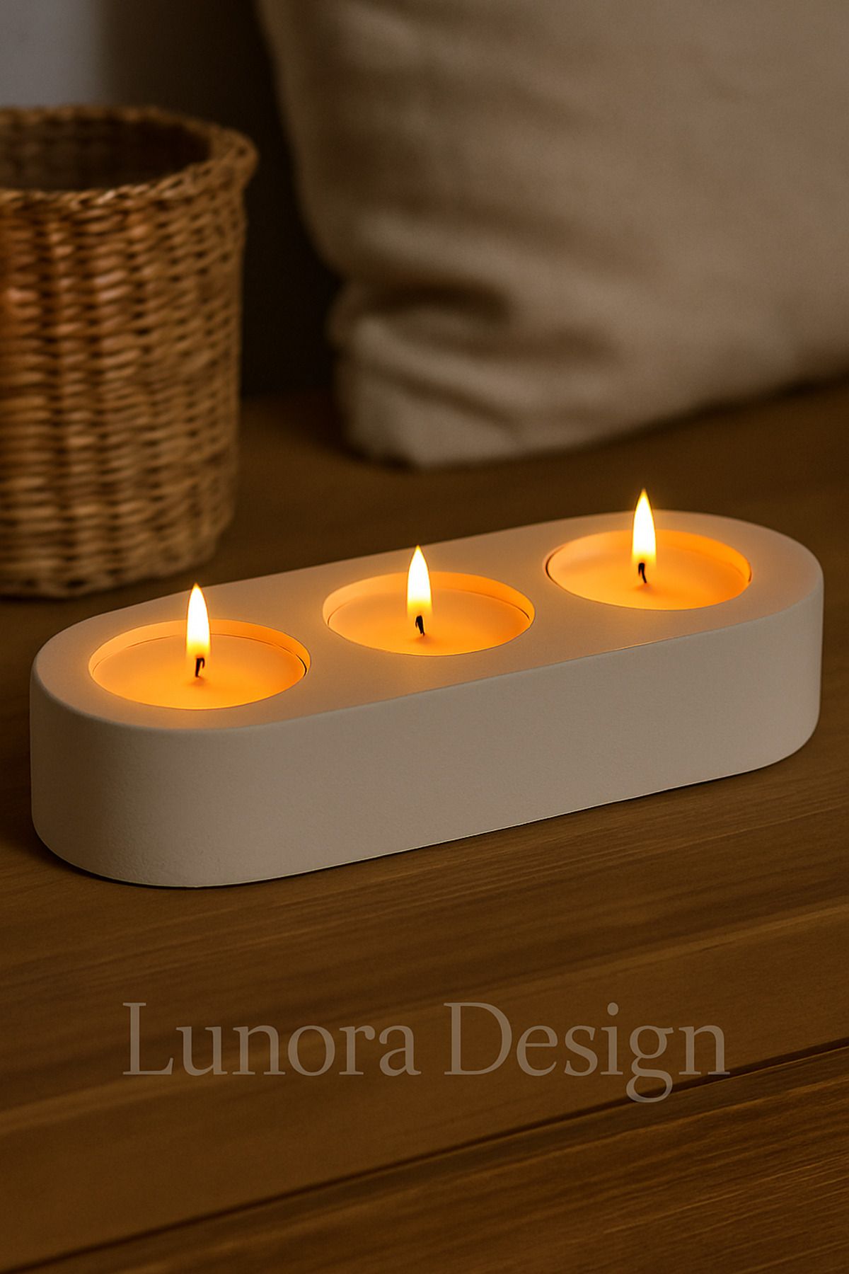 Lunora Design El Yapımı Oval 3’lü Tealight Mumluk – Mat Beyaz | Lunora Design