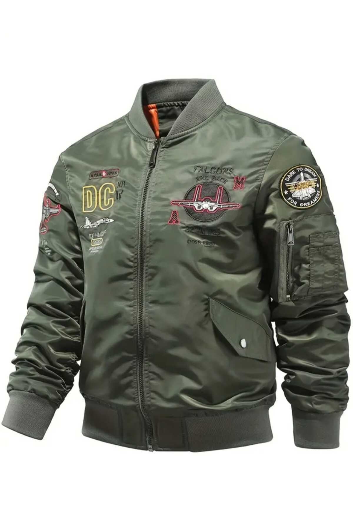 kho military design Erkek Dar Kesim Haki Renk Pilot Model Mont (XL Beden)