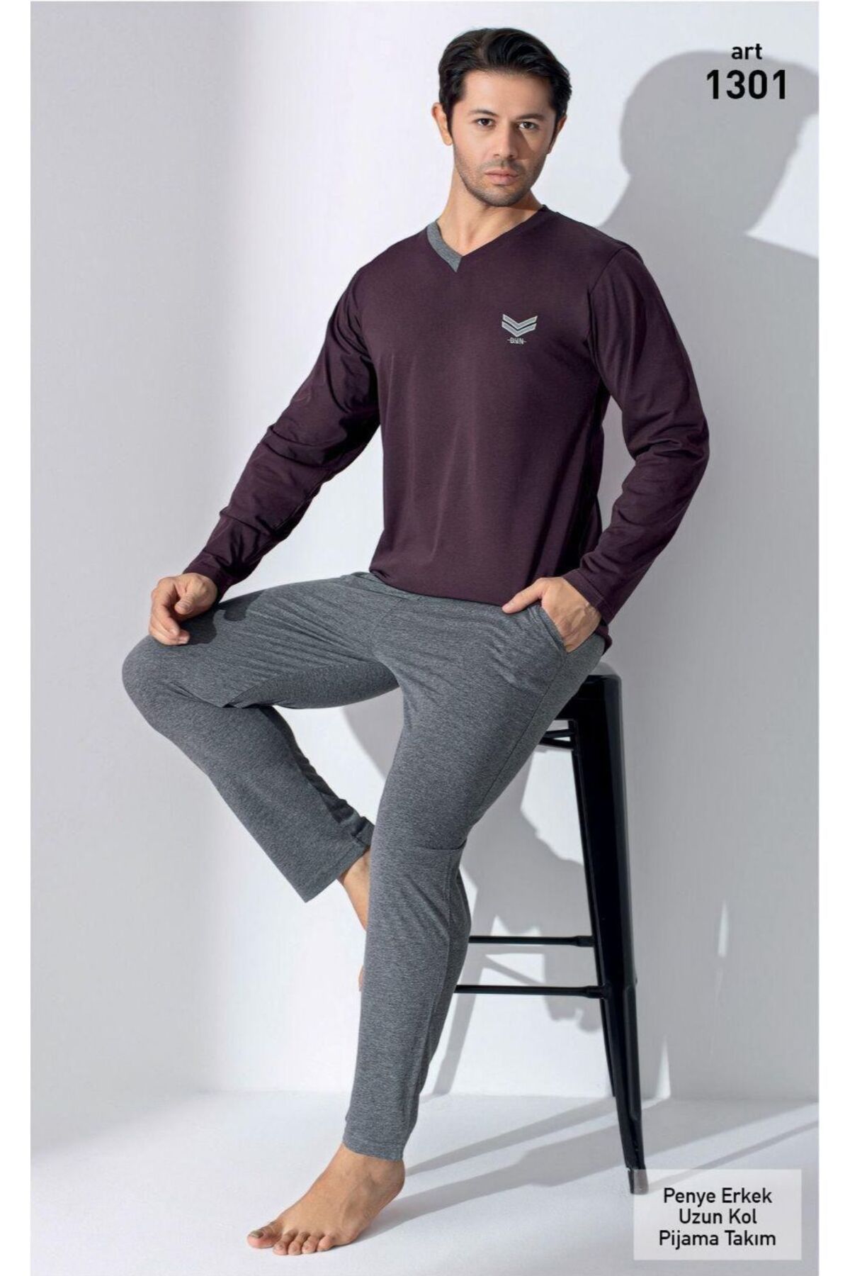 XORVİO Erkek Mürdüm Uzun Kollu Pantolon Mevsimlik Cepli Beli Lastikli % 100 Pamuk Regular Fit Pijama Takım