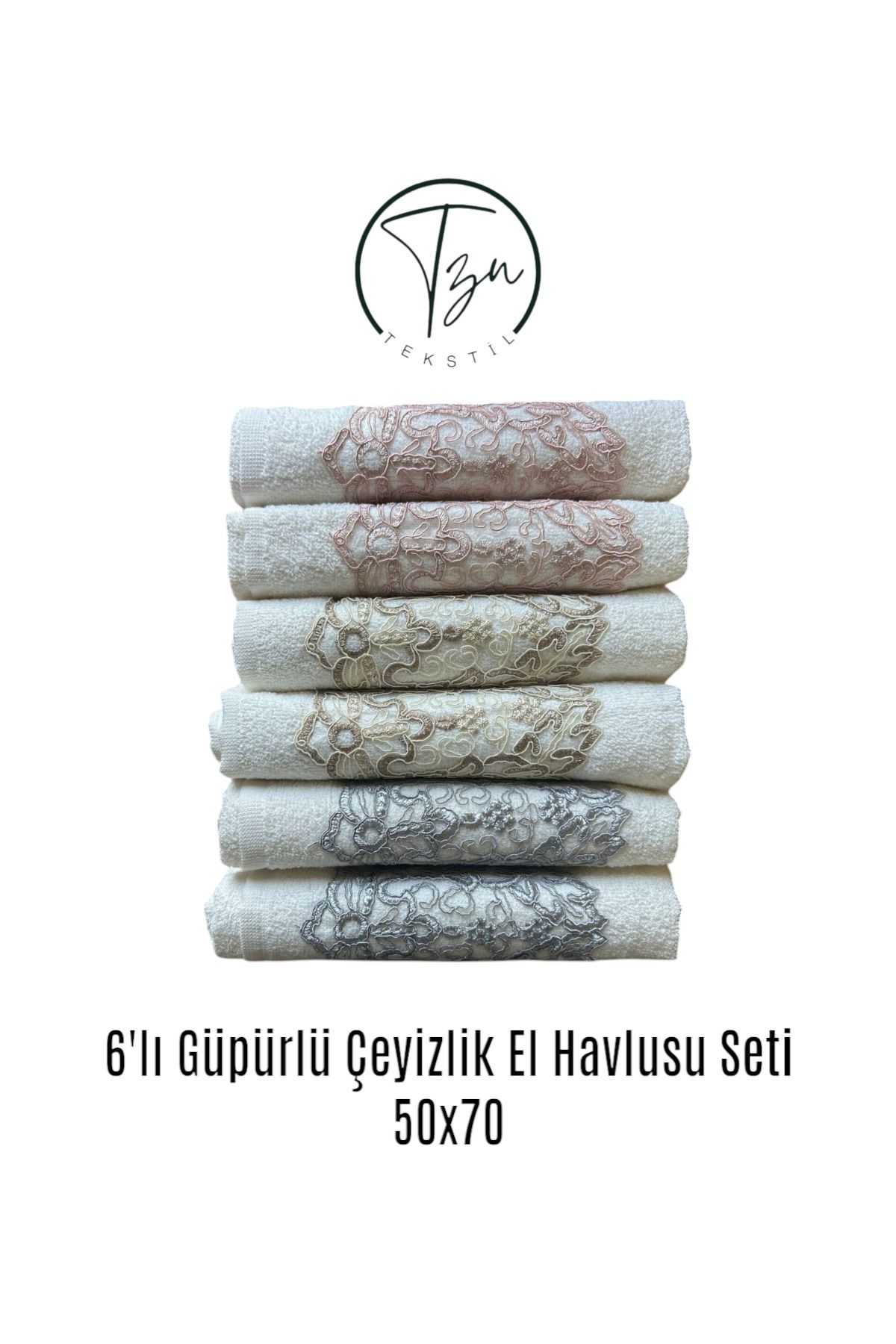 Tzn Tekstil 6'lı Güpürlü Çeyizlik El Havlusu Seti – İşlemeli, Yumuşak ve Şık Tasarım