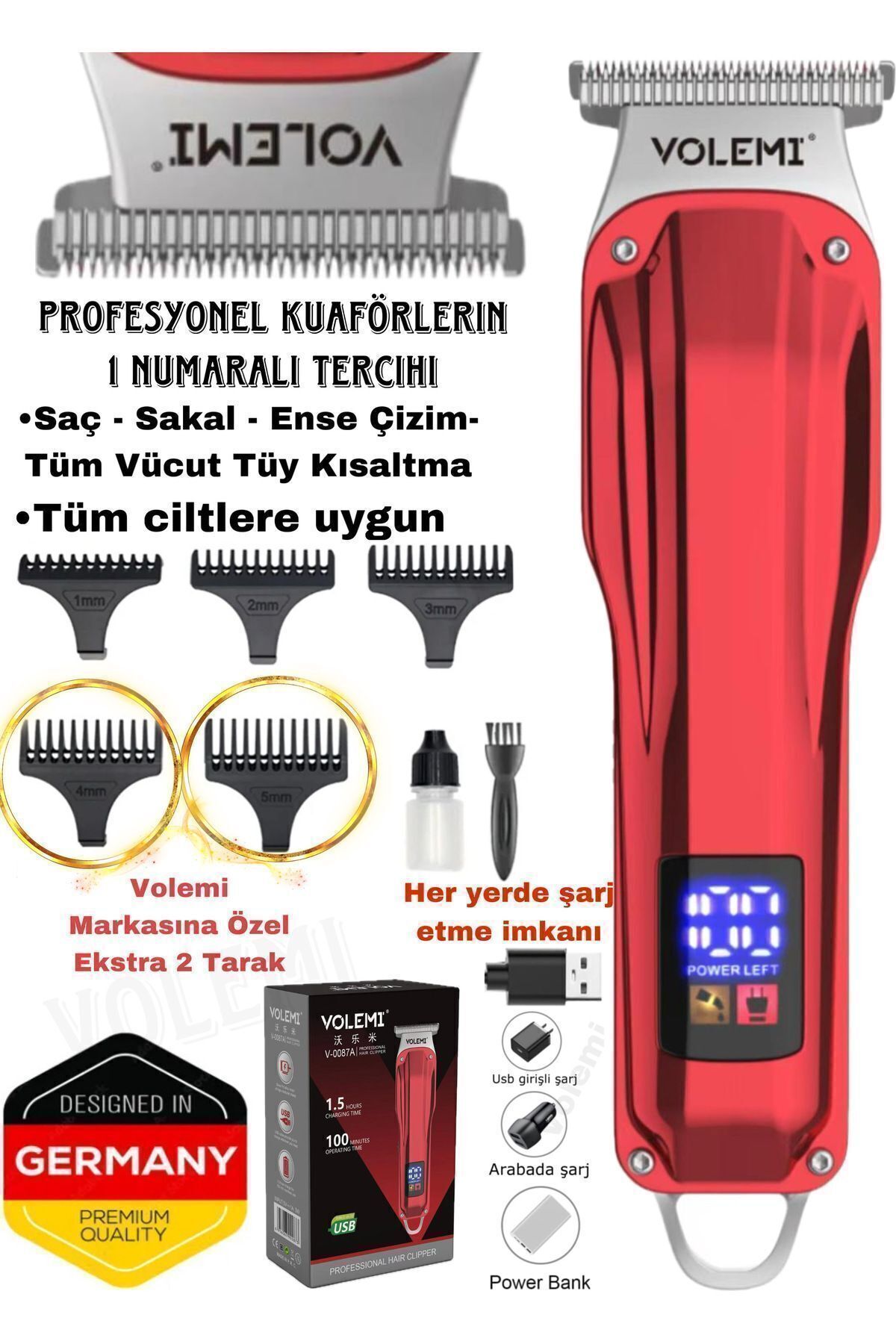 teknotrust Volemi 0087 Profesyonel Şarj Göstergeli Saç Sakal Lazer Öncesi Tüm Vücut Tıraş Makinesi