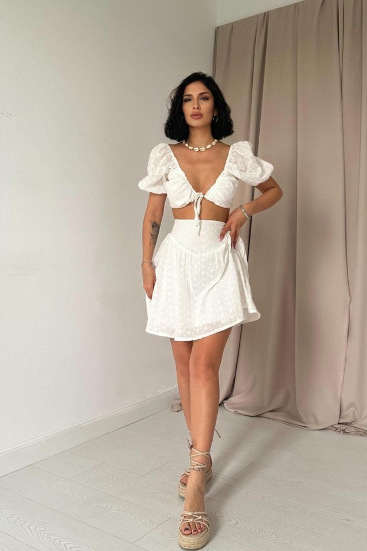 royq Ekru Brode Crop Ve Mini Etek Takım