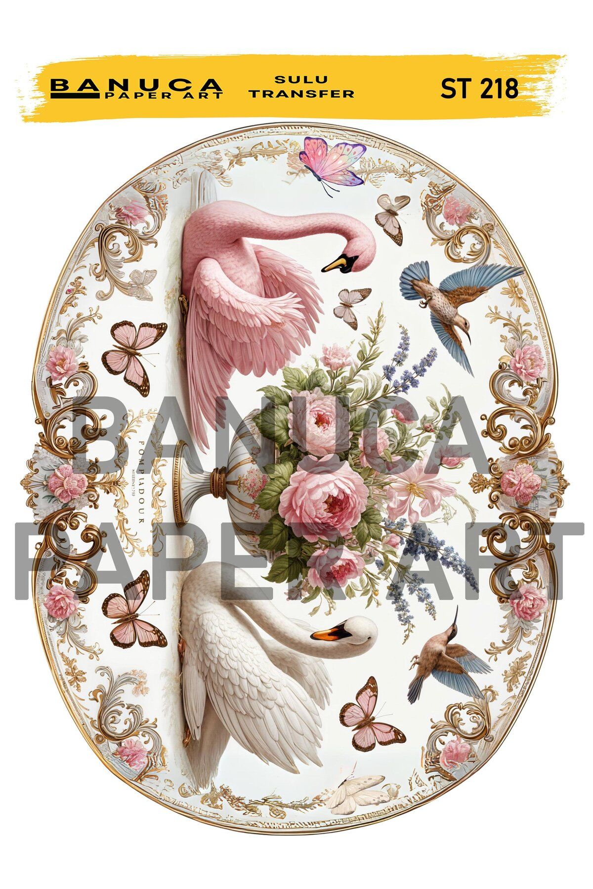 Banuca Paper Art ST218 Zarif, Kuğu Desenli Açık Zemin Sulu Transfer 25*35 cm