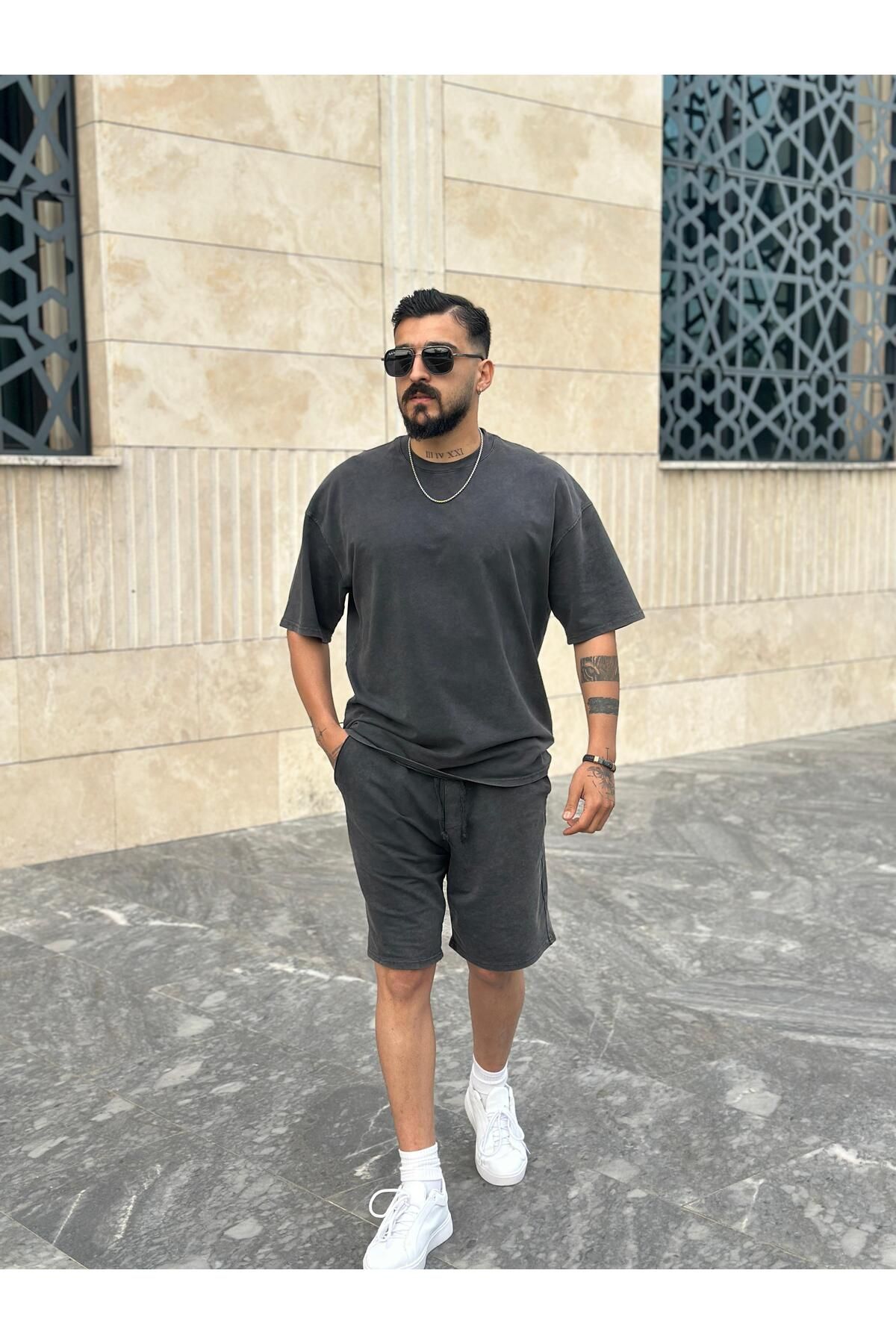 PEERLESS STORE Oversize Yıkamalı Şort & T shirt Takım