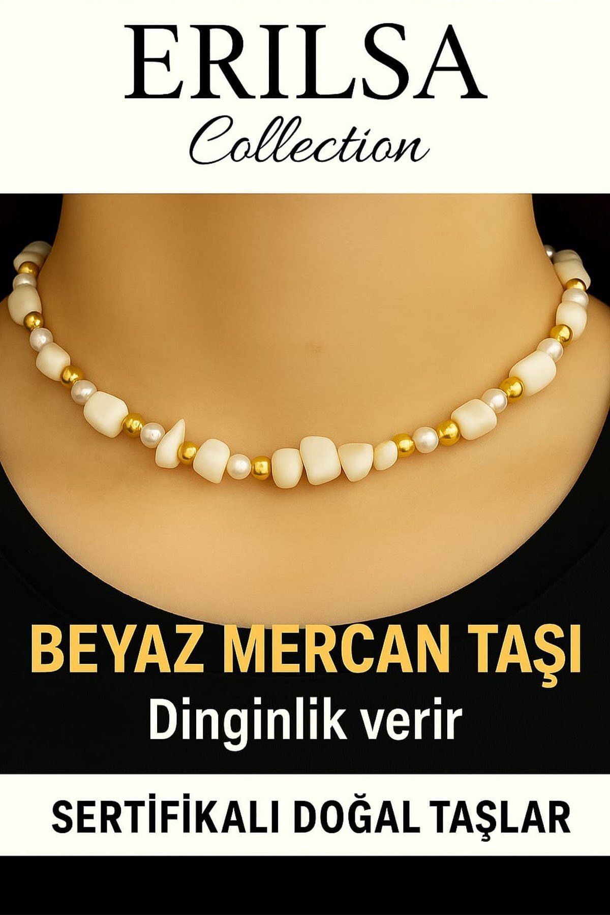 Erilsa Sertifikalı Kırık Taşlı Model İnci – Beyaz Mercan Taşı Kolye – Koruyucu ve Dengeleyici Enerji
