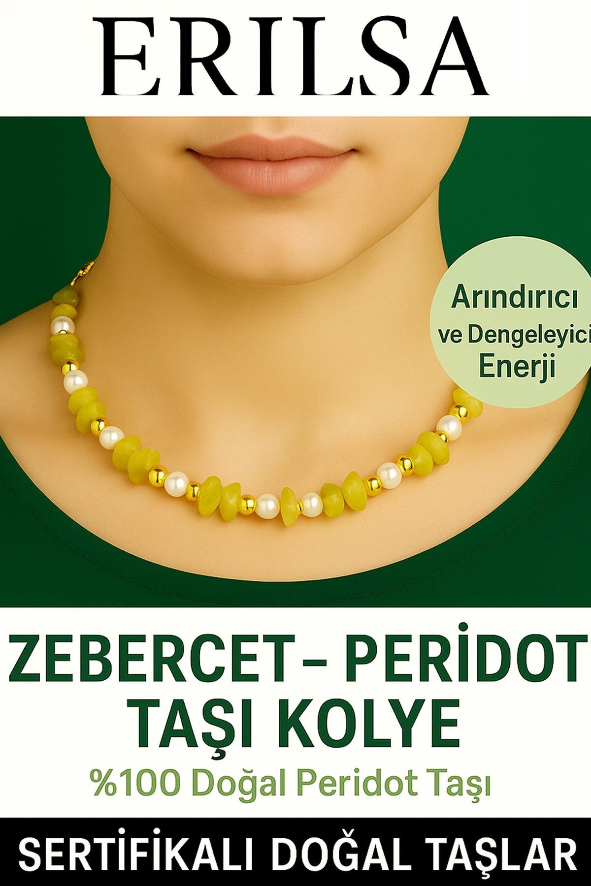 Erilsa Sertifikalı Kırık Taşlı Model İnci - Zebercet (Peridot) Taşı Kolye