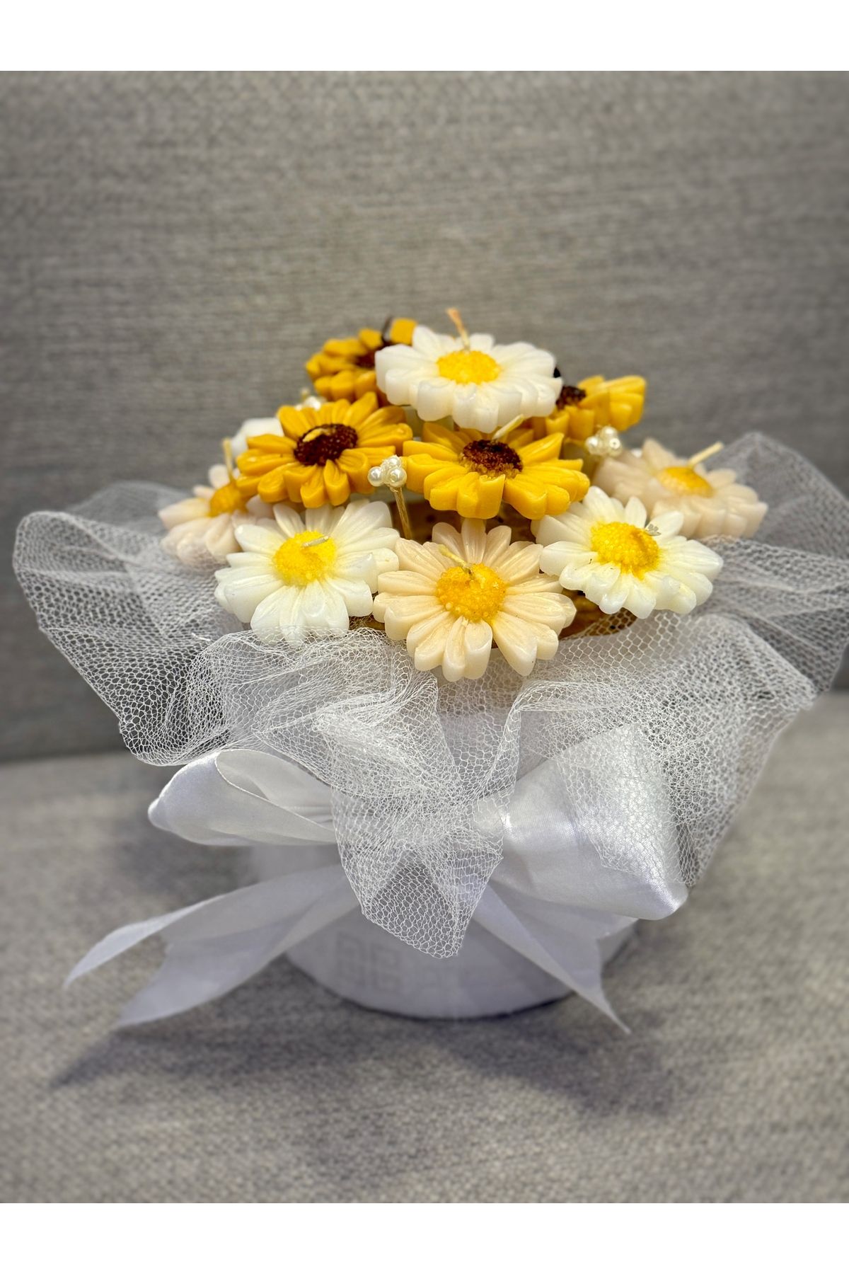 Glow Design Çiçek sepeti / Papatya mum buketi / Anneler günü hediyelik çiçek / dekoratif mum