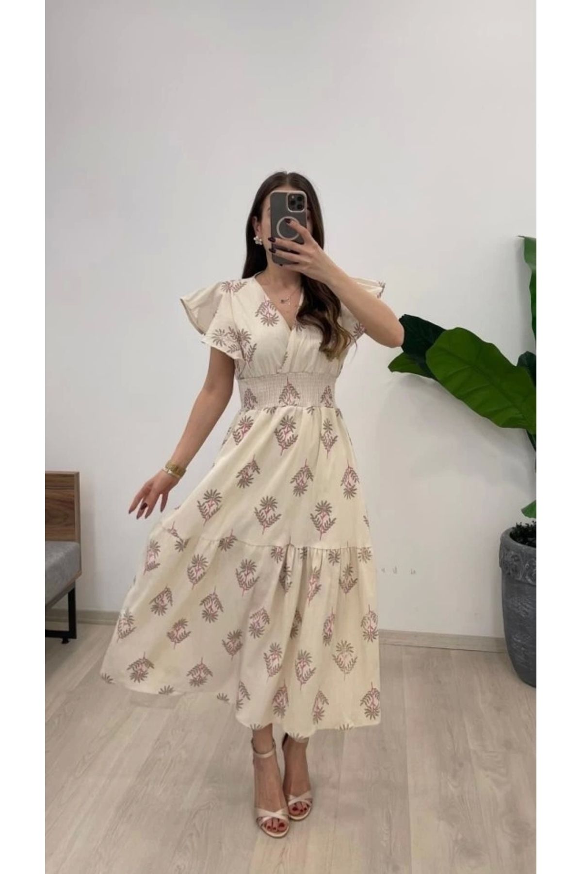 Butik Kadın Keten Kumaş Beli Gipeli V Yaka Maxi Boy Elbise