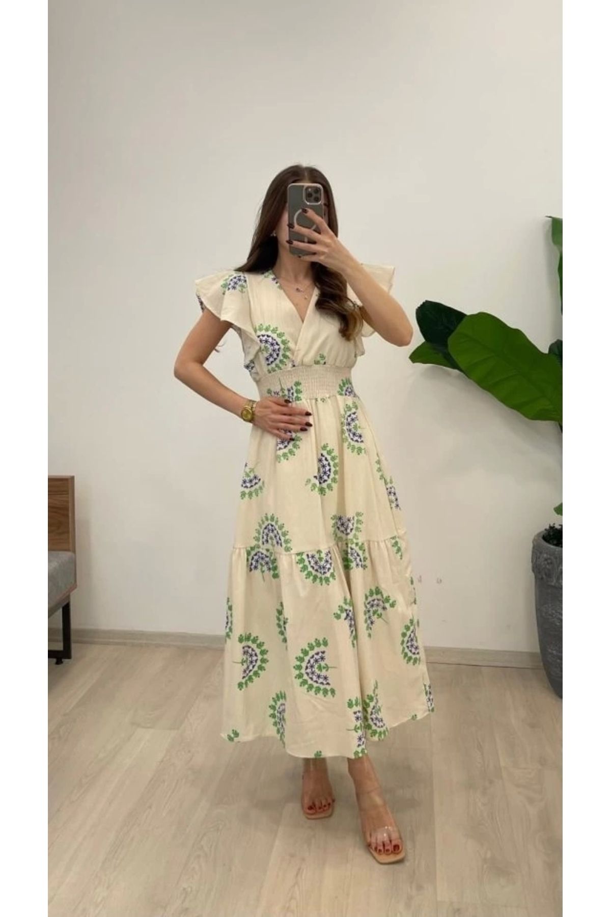 Butik Kadın Keten Kumaş Beli Gipeli V Yaka Maxi Boy Elbise