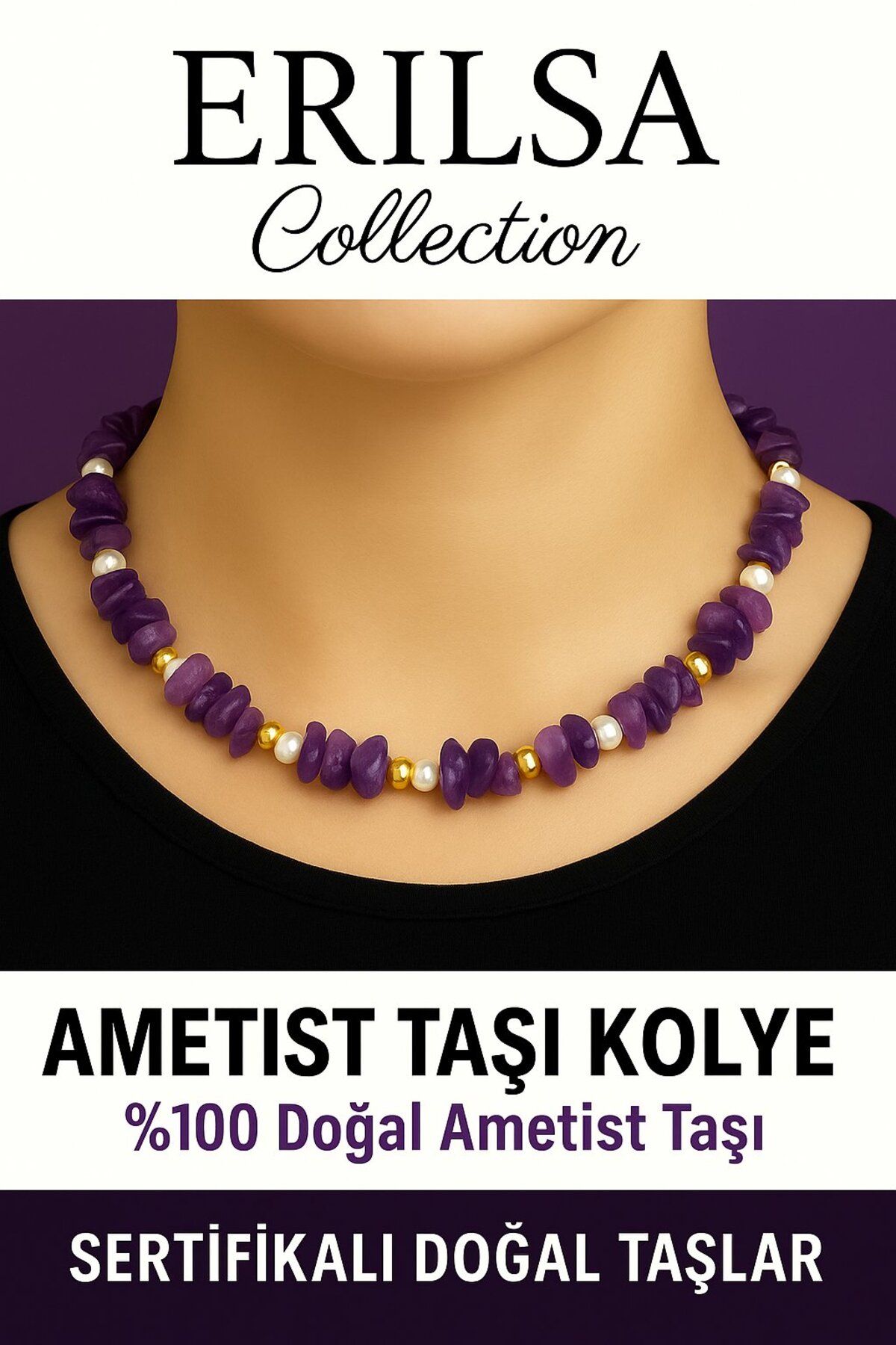 Erilsa Sertifikalı Kırık Taşlı Model İnci – Ametist Taşı Kolye – Sakinlik ve Ruhsal Denge