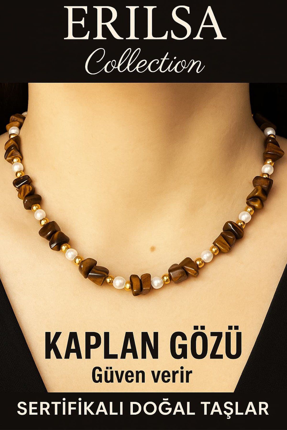 Erilsa Sertifikalı Kırık Taşlı Model İnci – Kaplan Gözü Taşı Kolye – Koruma ve Güç Enerjisi