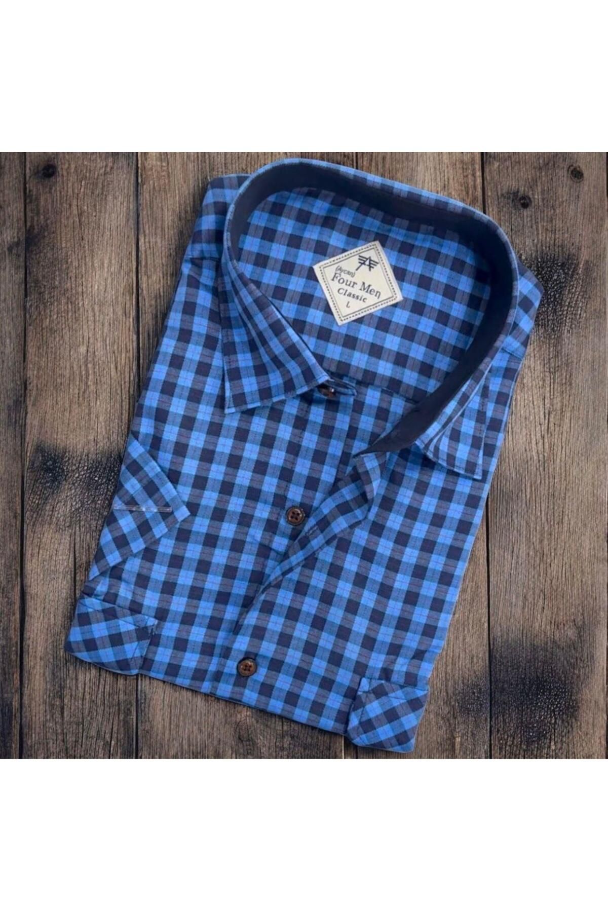 EREN STYLE Linen Keten 2 Cepli Kısa Kollu Saks Mavisi Baba Gömleği (Regular Kalıp)