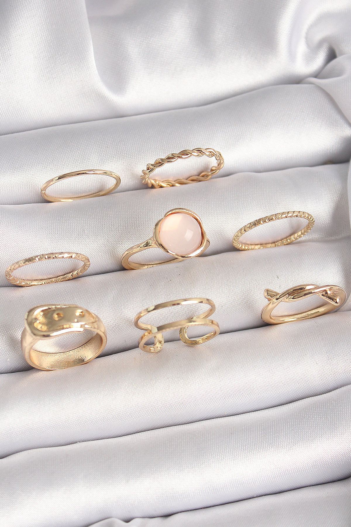 Clariss Pirinç Gold Renk Pembe Mineli Kemer Model Kadın Yüzük Kombini