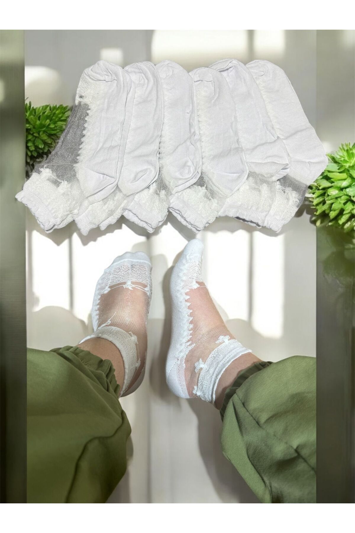 BYNDRSOCKS 6 Çift Kadın Patik Tül Pamuklu Beyaz Çorap