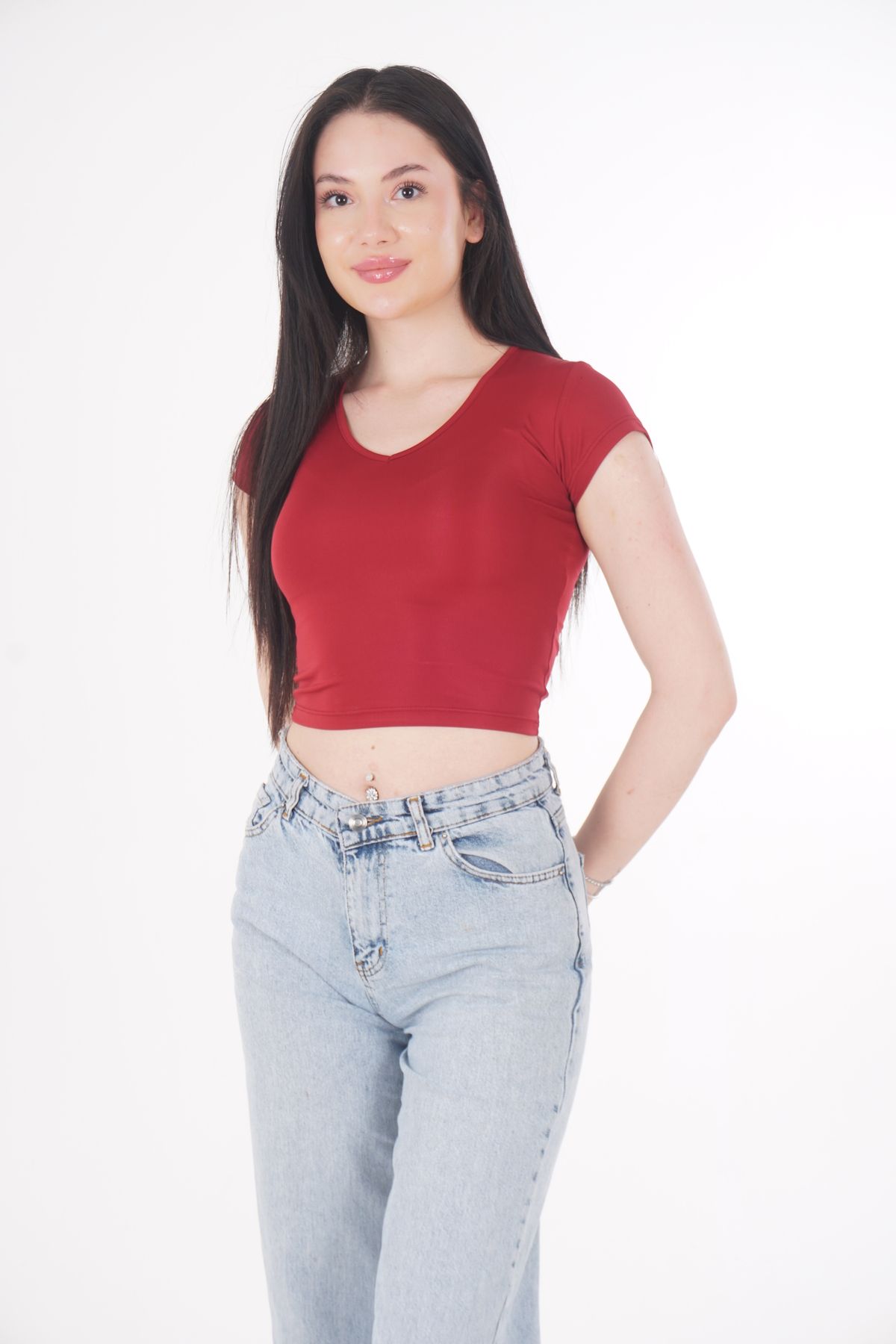 CHAURA V Yaka Basic Kısa Kollu Bluz
