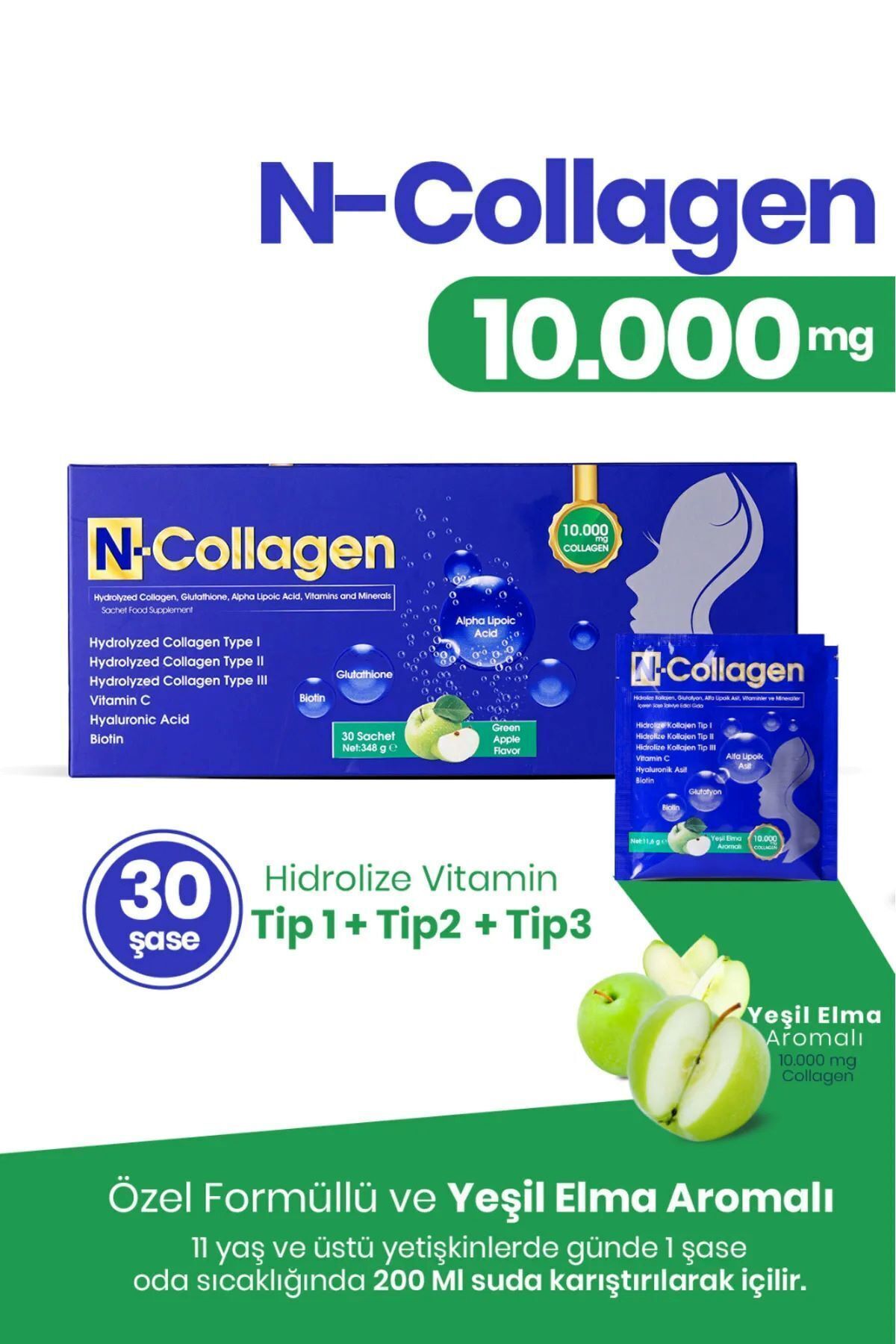 N-Collagen Hidrolize Kollajen Tip I II III 10.000 mg, Glutatyon, AlfaLipolikAsit, Vitaminler,Mineraller 30 saşe