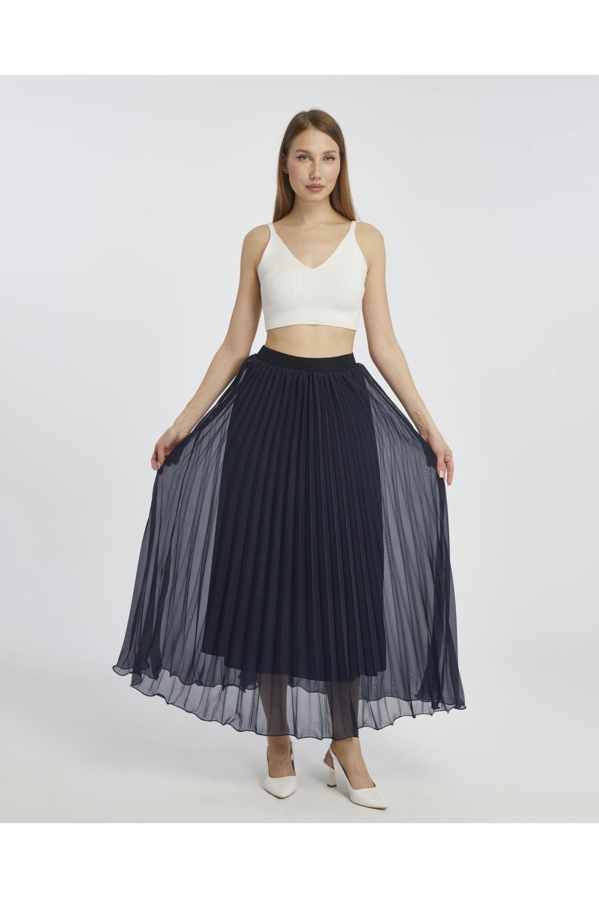 MODA Lacivert Pileli Etek