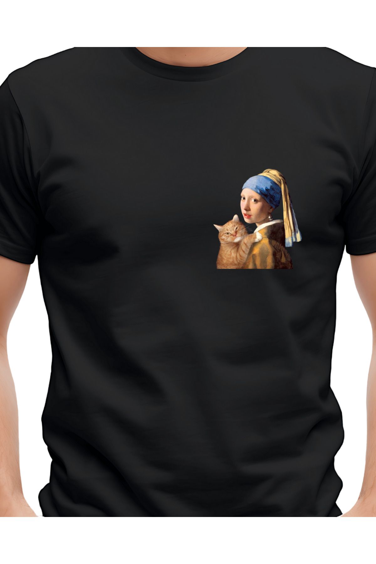 Ebiidesign İnci Küpeli Kız ve Kedi Tasarımlı Baskılı T-Shirt