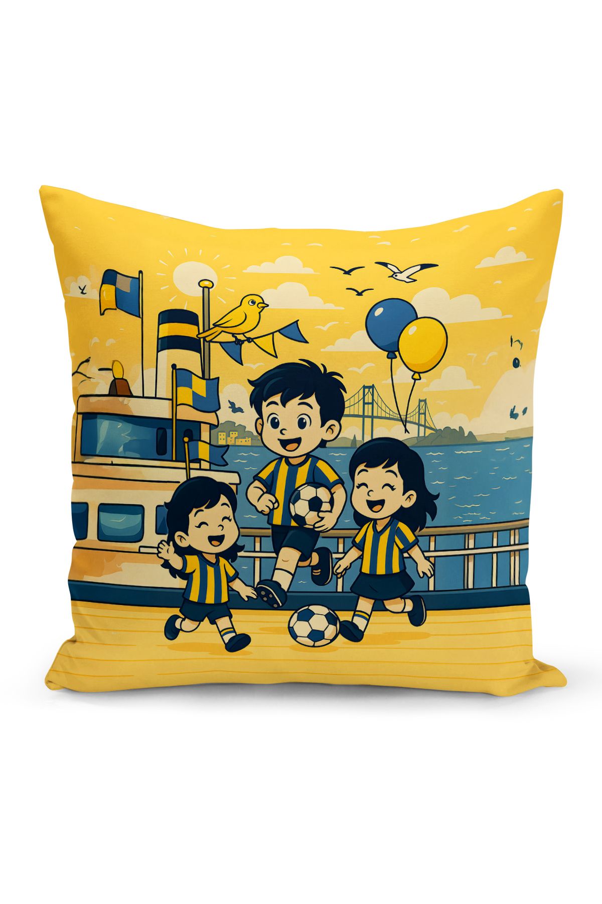 Bertille Home Çocuk Bebek Sarı Lacivert Taraftar Futbol Serisi Kırlent Kılıfı (Cushion Cover)