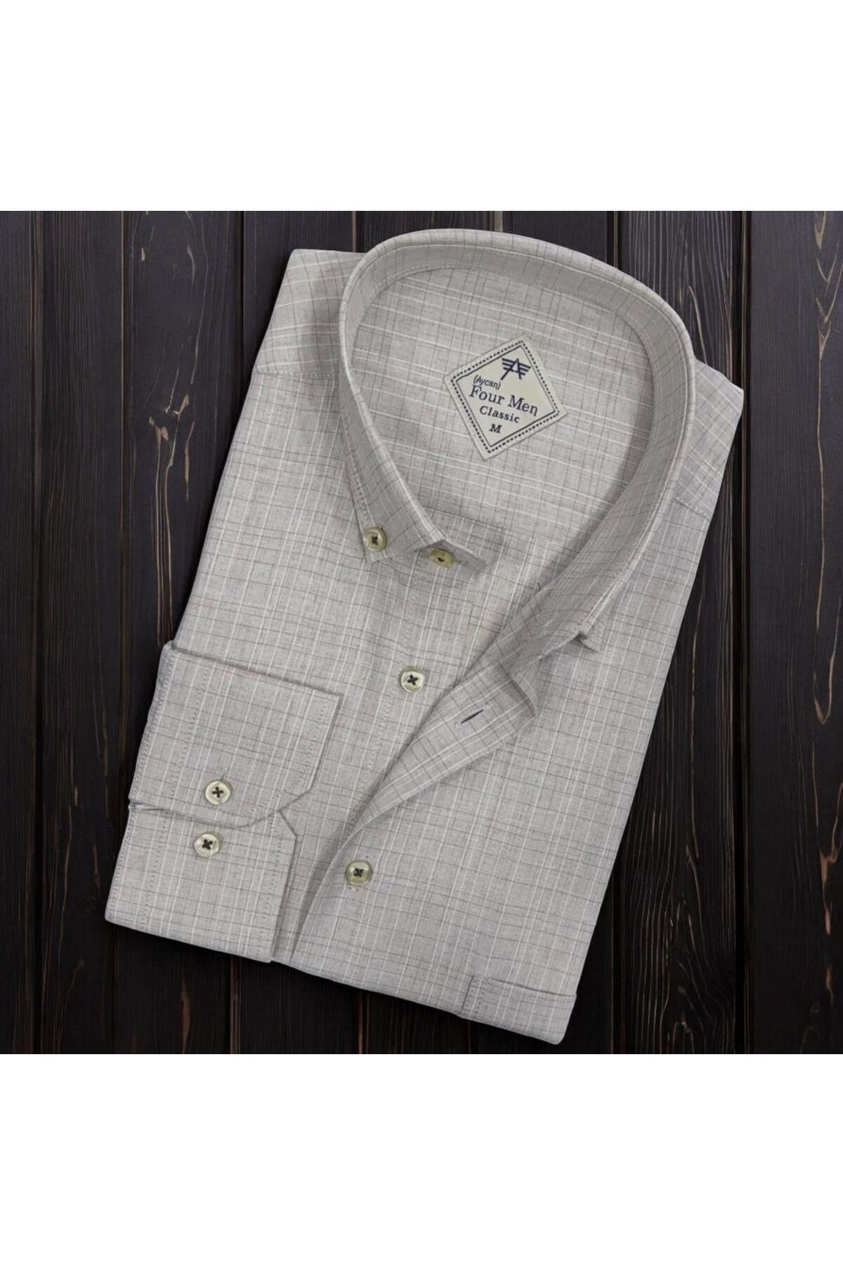 EREN STYLE Linen Keten Hafif Kumaş Uzun Kollu Gri Erkek Gömlek (Regular Kalıp)