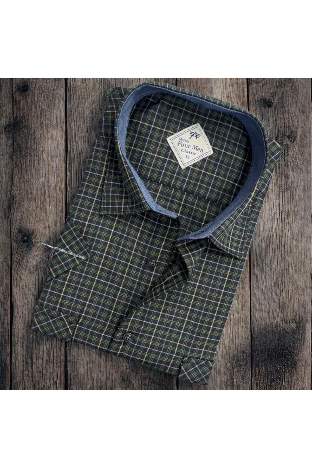 EREN STYLE Linen Keten Klasik Kısa Kollu Haki Gömlek (Regular Kalıp)