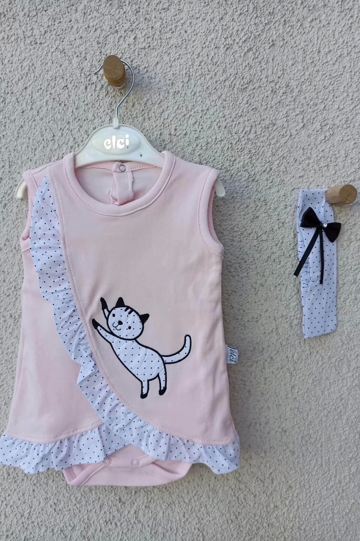 Moda Şahsenem Kız Bebek Pembe Kedili Fırfırlı Bandanalı Badi
