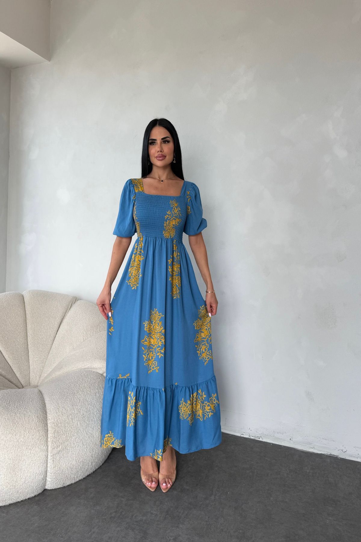 kamacibutik Kare Yaka Etnik Desenli Elbise (Standart Beden S/M/L/XL Uyumlu)