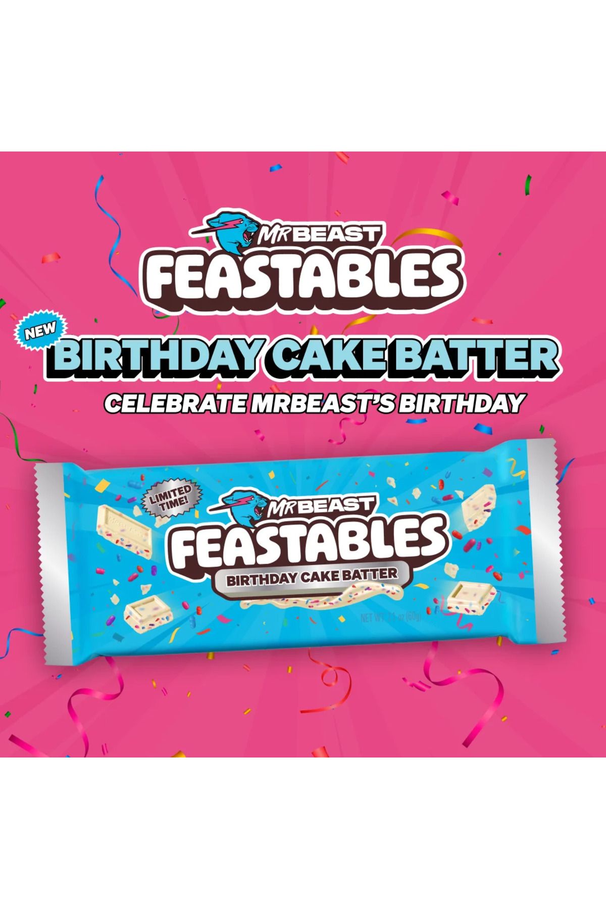 Feastables MrBeast Birthday Batter White Chocolate Bar, 2.1 oz (60g)