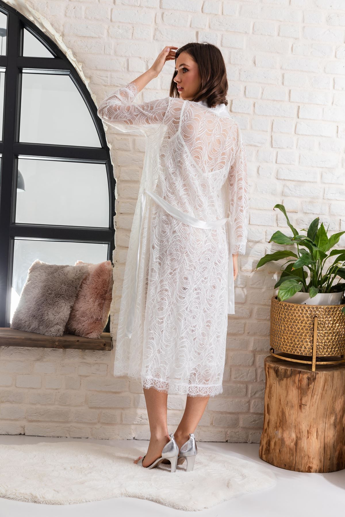 Shop58 GELİN SET TRANSPARAN MİDİ BOY KUŞAKLI SABAHLIK EKRU (MGP12176)